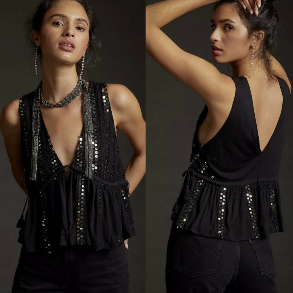 Anthropologie Black Sequin Embellished Top